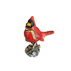 Red Cardinal Bird Trinket Box Bejeweled Enamel Hinged Lid Magnetic